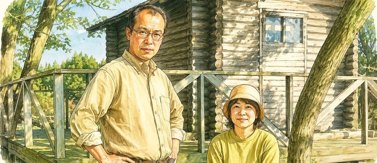 なかにいだ アップルふぁ〜夢 オーナーご夫妻 ログハウスの前で